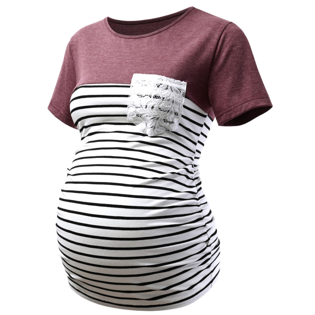 Color Block with Stripes Maternity Short Sleeve Top with Pocket